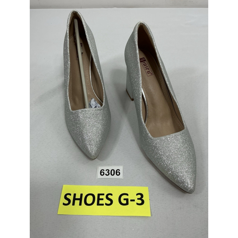 IDIFU Silver Glitter Pointed Toe Block Heel Pumps